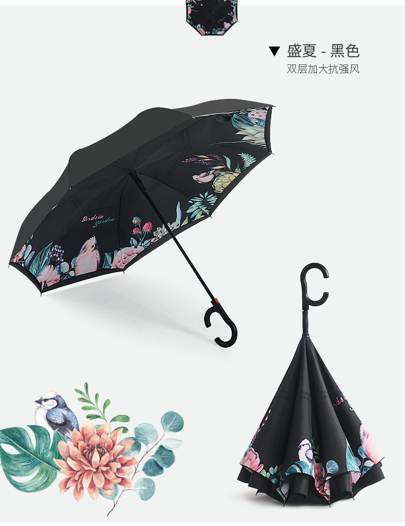 双层创意立式反向伞c型免持大汽车雨伞长柄自动反向雨伞女-反向盛夏白