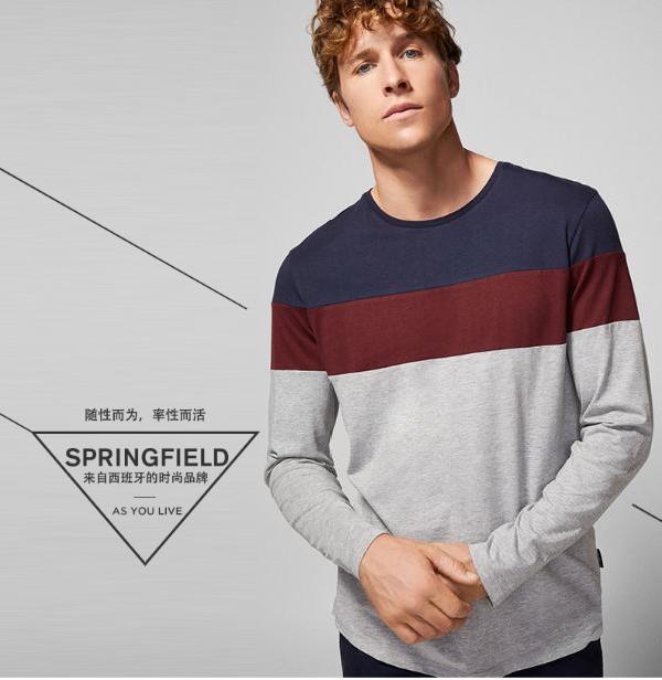 springfield西班牙18秋冬男套头圆领三色拼接色长袖t恤 8834210