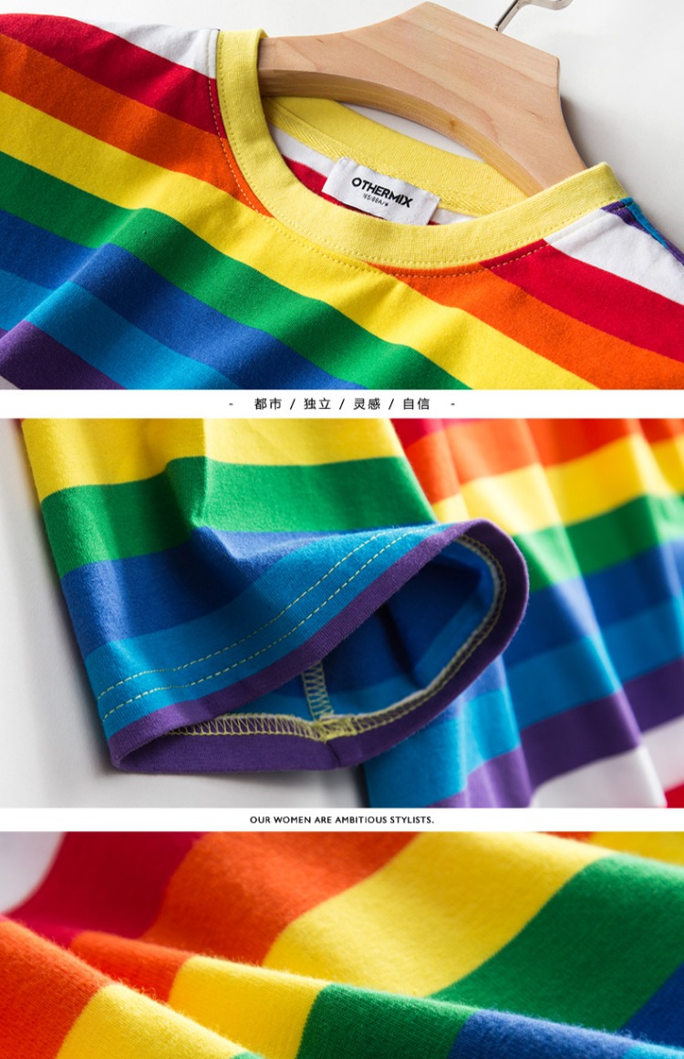 新品 七格格 短袖女t恤2018新款夏装中长款韩版宽松彩虹条纹ins潮下身