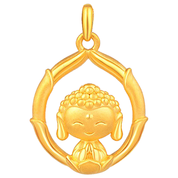 老庙 黄金足金吊坠五运小佛竹节光环莲花座小佛硬金-不配链-黄金色-约
