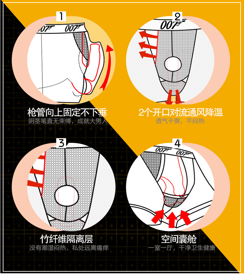 007男士枪弹分离内裤竹纤维透气短裤头u凸平角裤中腰男式四角裤三条