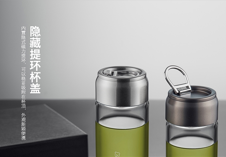 希诺玻璃杯 大容量水杯玻璃杯单层杯子便携创意男士茶杯带提环户外