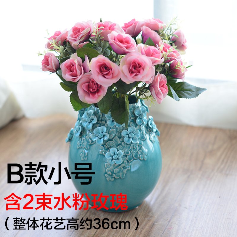 墨菲多款入欧式手工陶瓷花瓶 客厅博古架电视柜摆件仿真花艺套装-B款小号 含2束水粉玫瑰【价格 评价 图片】- - 虹领巾