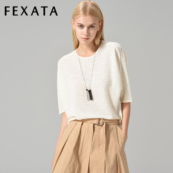 fexata新品女装套头圆领t恤小衫夏装休闲亚麻短款竹节麻上衣