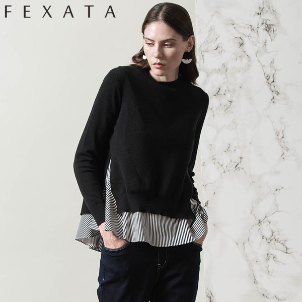 fexata2018新款女装圆领针织毛衣2两件套春季拼接条纹
