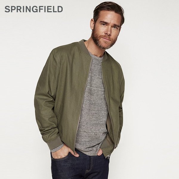 springfield男装2018春夏拉链款棉麻军绿色飞行员夹克