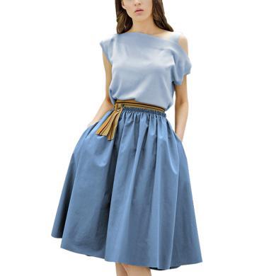 tobebery欧洲站夏季冷色系两件套不规则露肩上衣抽褶半身裙套装女