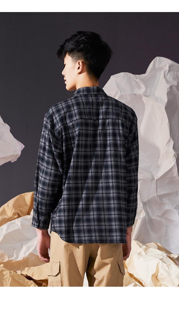 伏龙男装新款灰色格子长袖衬衫外套男fjs110055