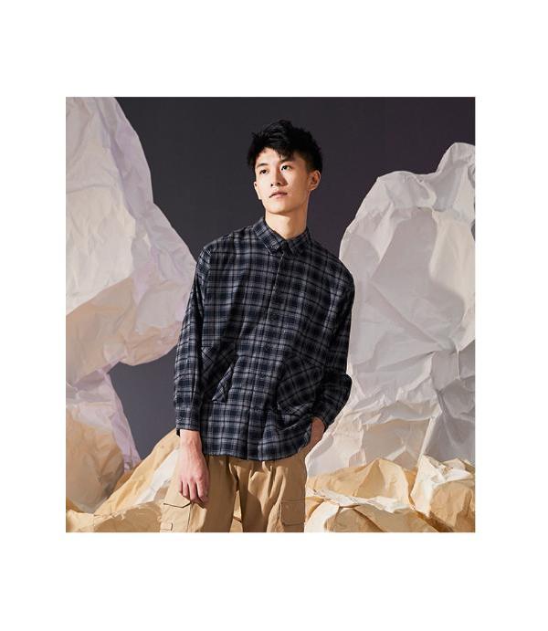 伏龙男装新款灰色格子长袖衬衫外套男fjs110055