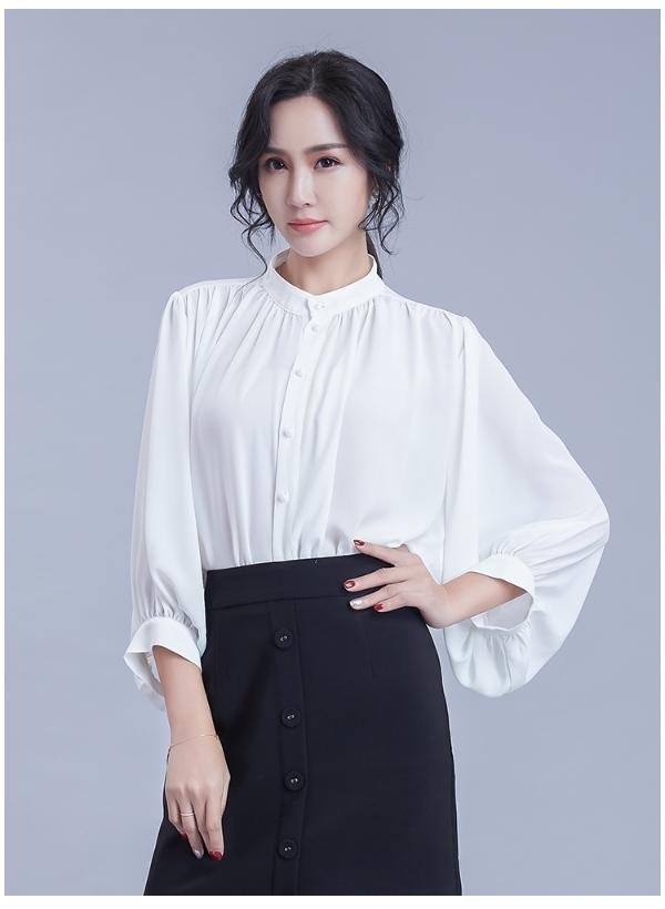 澜囝囡 2019春季立领灯笼袖开衫纯色女装新款雪纺衫长袖抽褶无弹雪纺