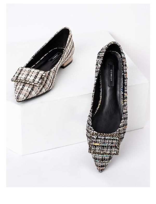 康莉女鞋2019春季新款小香风粗花呢方扣单鞋尖头浅口平低跟鞋女kyq9