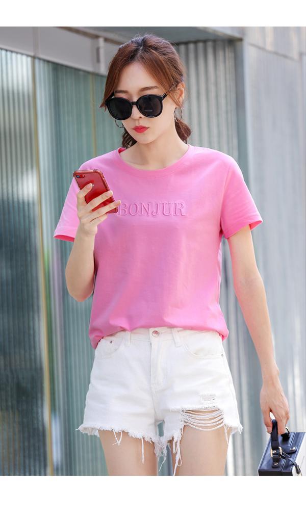 时尚解放2019短袖t恤粉色半袖韩版甜美学生上衣圆领少女印花纯棉宽松