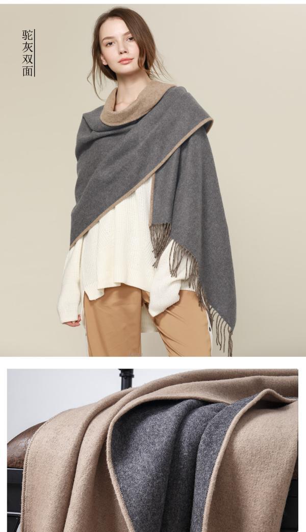 润帛加厚双面羔羊绒空调房大披肩春秋冬季女 浅灰色围巾两用羊毛