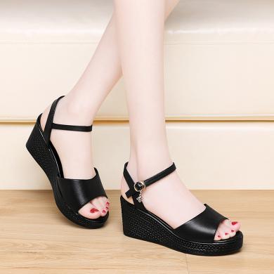 古奇天伦夏季女鞋露趾坡跟凉鞋女一字式扣带女士凉鞋坡跟女凉鞋gq9949