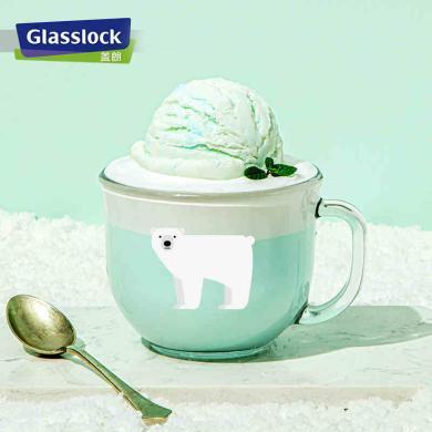 Glasslock卡通玻璃水杯个性动物带把水杯果汁牛奶早餐杯水杯家用350ml
