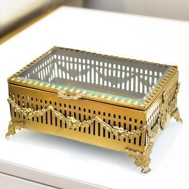 墨菲 进口手工黄铜边玻璃首饰盒小收纳盒装饰欧式复古珠宝饰品盒摆件
