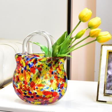 墨菲 现代简约琉璃提包花瓶摆件客厅插花创意轻奢家居装饰品电视柜酒柜