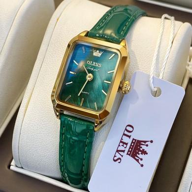 欧利时(OLEVS)瑞士品牌手表女生小绿表方形表盘石英表真皮表带小巧防水时尚腕表