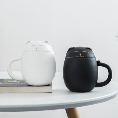 南山先生 招财猫泡茶马克杯茶杯创意陶瓷杯带盖办公室过滤水杯杯子