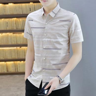 verhouse 夏季个性条纹修身短袖衬衫男韩版休闲青年免烫衬衣