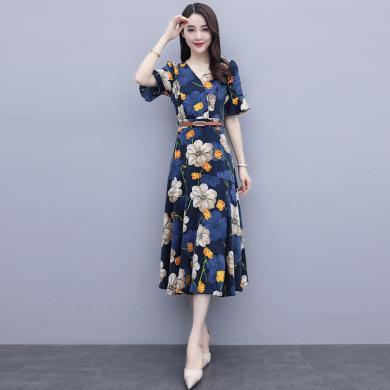 轩品媛 夏季减龄显瘦收腰短袖印花连衣裙 QY20528