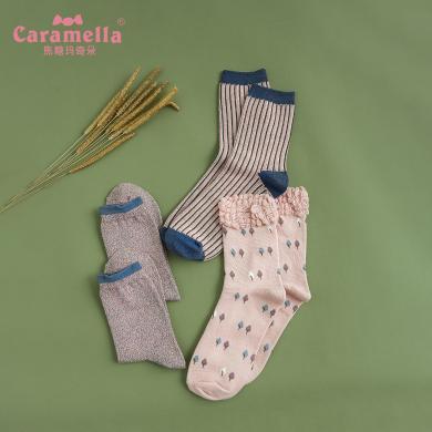 caramella秋冬新品女襪 復古三雙裝中筒襪子女 創意襪子