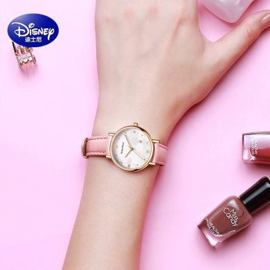 迪士尼学生手表儿童手表螺旋表冠合金指针皮革针扣圆形时尚粉色石英女手表