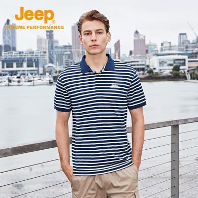 Jeep吉普男士翻领条纹POLO衫户外简约休闲运动修身短袖J022094587