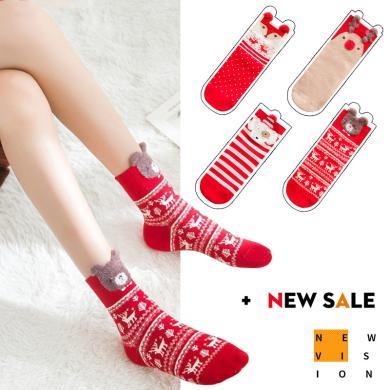 【4双装】俞兆林内衣 秋冬袜子卡通立体圣诞袜可爱甜美大红袜子新年圣诞节礼物 AK2088