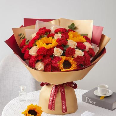 鲜花真挚祝福-红康乃馨33枝、香槟玫瑰9枝、向日葵3枝鲜花送女朋友老婆妈妈鲜花花束