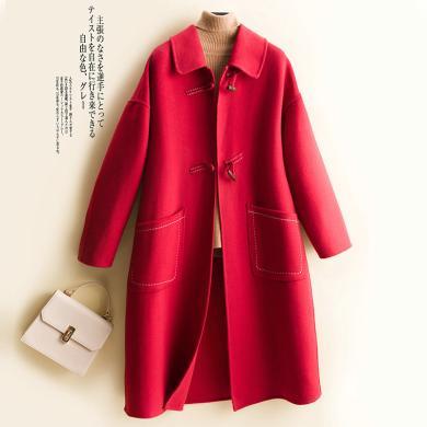 采多宝大码女装秋冬韩版牛角扣红色双面羊绒大衣双面呢中长款外套