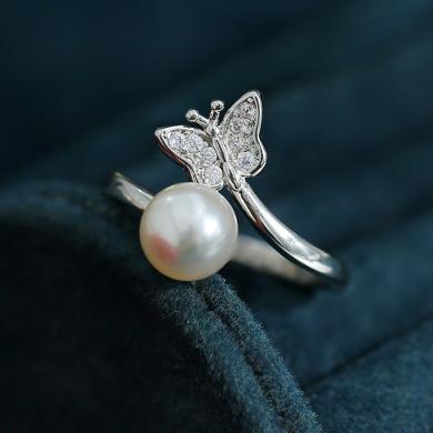 慕梵珠宝  蝴蝶淡水珍珠戒指女唯美设计时尚款指环轻奢个性开口食指戒