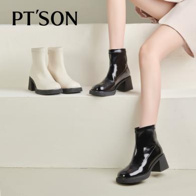 百田森方头时装短靴女可爱短靴高跟厚底增高显瘦粗跟PLN22857