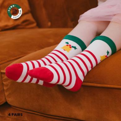 贝比圣诞袜2023秋冬儿童袜4双盒可爱宝宝袜子卡通圣诞老人绿色袜中筒袜