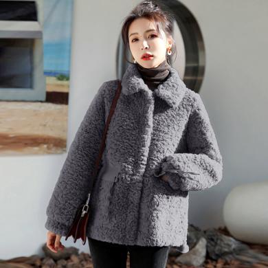 轩品媛 冬装新款时尚翻领小个子洋气仿真羊羔毛皮毛一体加厚保暖外套 MUZL99590