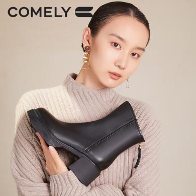 康莉KJS2A859短靴女冬季羊皮粗跟后拉链高跟时装靴增高舒适