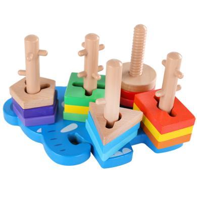 巧之木大象鳄鱼套柱毛毛虫木制玩具启蒙幼儿园益智幼儿几何形状配对积木QZM-0296