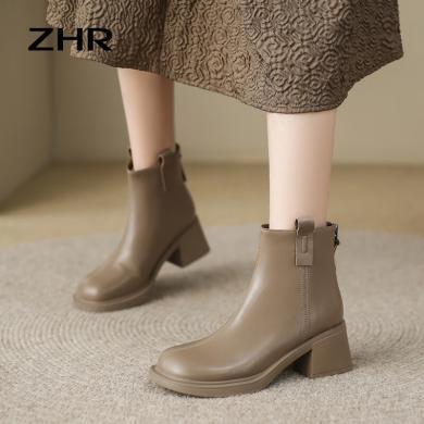 【短绒毛】ZHR女靴年新款秋冬小短靴女棕色显高中跟瘦瘦靴气质加绒粗跟靴子女BL99A
