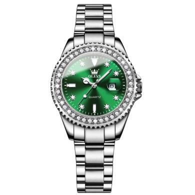新款欧利时(OLEVS)瑞士品牌手表女绿色防水石英表女士镶钻高档手表真皮气质时尚腕表