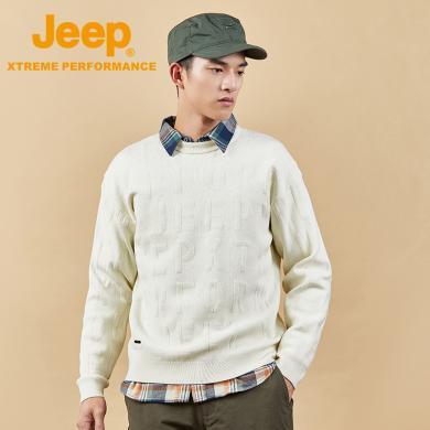 Jeep/吉普新款经典圆领羊毛衫字母印花针织毛衣落肩休闲上衣男J232096124