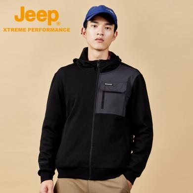 Jeep/吉普加厚珠地针织外套男透气机能风工装夹克户外防风连帽开衫J232096126
