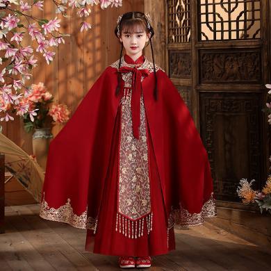 安妮优儿 汉服女童过年秋冬中国风红色拜年服新年装女儿童超仙古装两件套A378