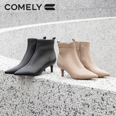 康莉KYQ2A865小跟短靴女秋冬季尖头细跟羊皮高跟舒适时装靴侧拉链