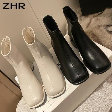 【加绒保暖】ZHR马丁靴英伦裸靴女年秋冬方头瘦瘦靴粗跟百搭加绒保暖短靴CH02A