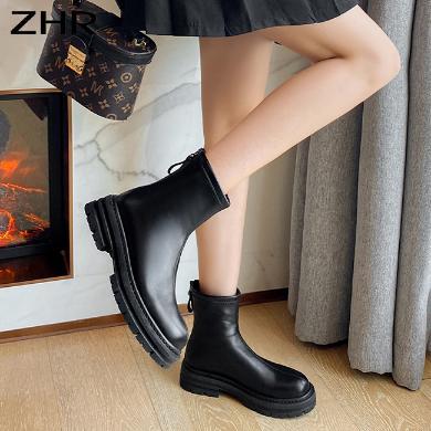 【加绒保暖】ZHR粗跟马丁靴女年秋季新款瘦瘦靴加绒简约显高厚底短筒靴子BL90A