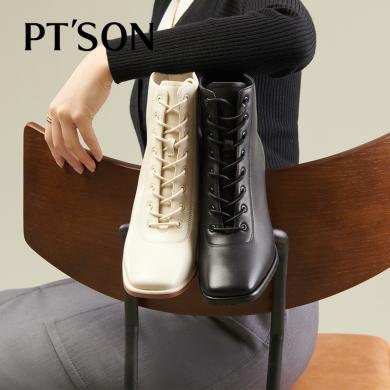 百田森羊皮短靴女复古系带方头优雅高跟时装靴女PYQ22861