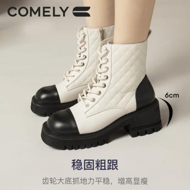 康莉KBO2A900牛皮马丁靴女冬季厚底粗跟短靴拼接小香风短筒靴子
