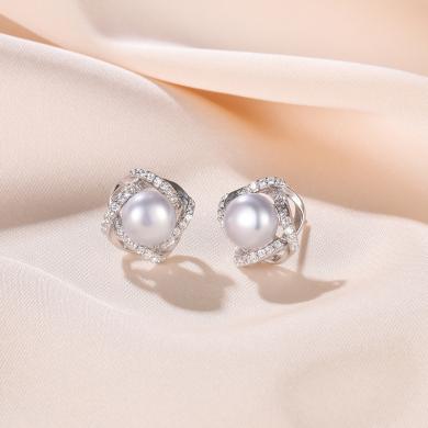 金世流年 S925银淡水珍珠耳钉耳环女 简约气质小众设计轻奢时尚镶满钻耳饰饰品