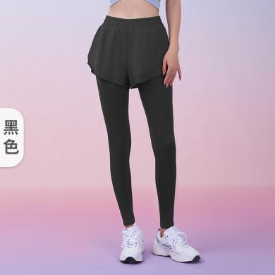 玉儿恋女外穿蜜桃运动健身跑步训练透气速干紧身网纱侧口袋假两件瑜伽裤JYMK017