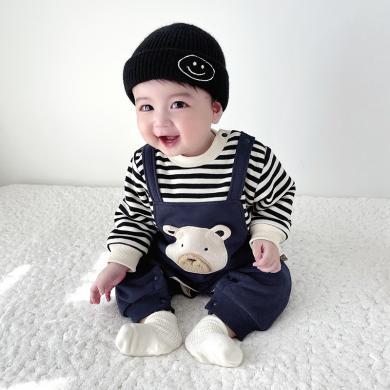 Peninsula Baby婴儿服装冬款男宝宝衣服大脸熊背带爬服条纹假两件新生儿婴儿连体衣